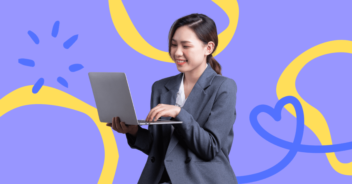 A woman wearing a grey blazer selecting subtitle fonts on a laptop