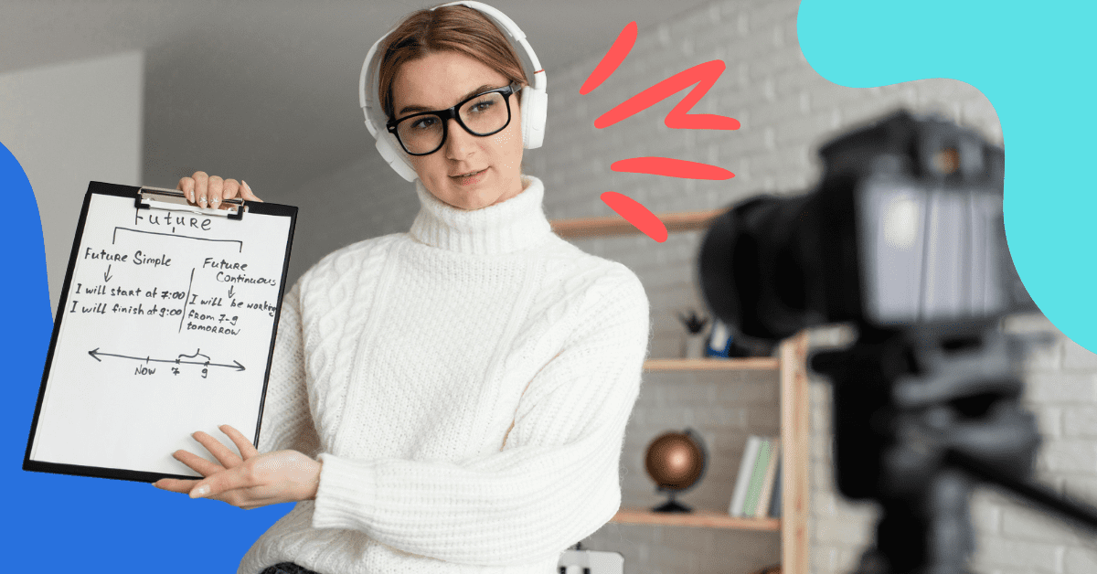 A woman wearing white headphones is filming a youtube video