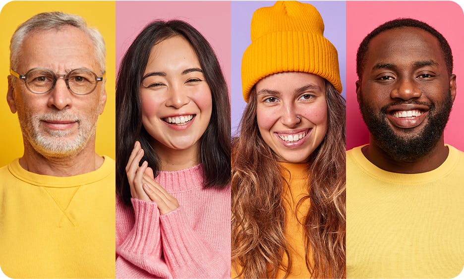 four people in colorful clothing smiling at camera to display versatile TTS function