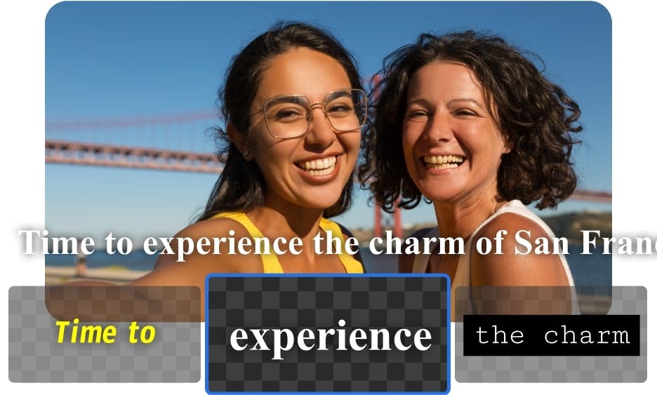 screenshot of two women taking a selfie in front of the Golden Gate Bridge with audio to text subtitles shown